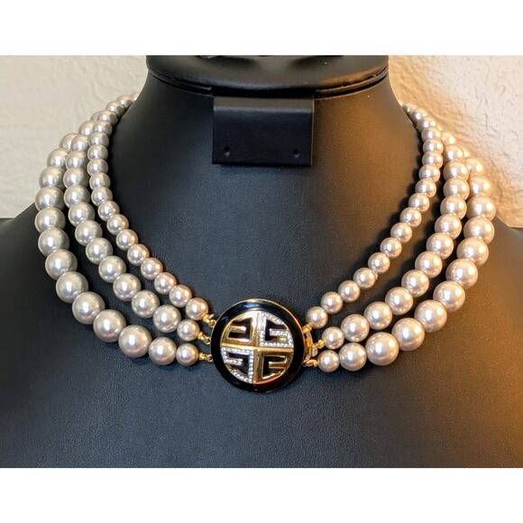 Vintage Designer Givenchy Bijoux Multi Strand Silver Gray Faux Pearl Necklace - Picture 1 of 15